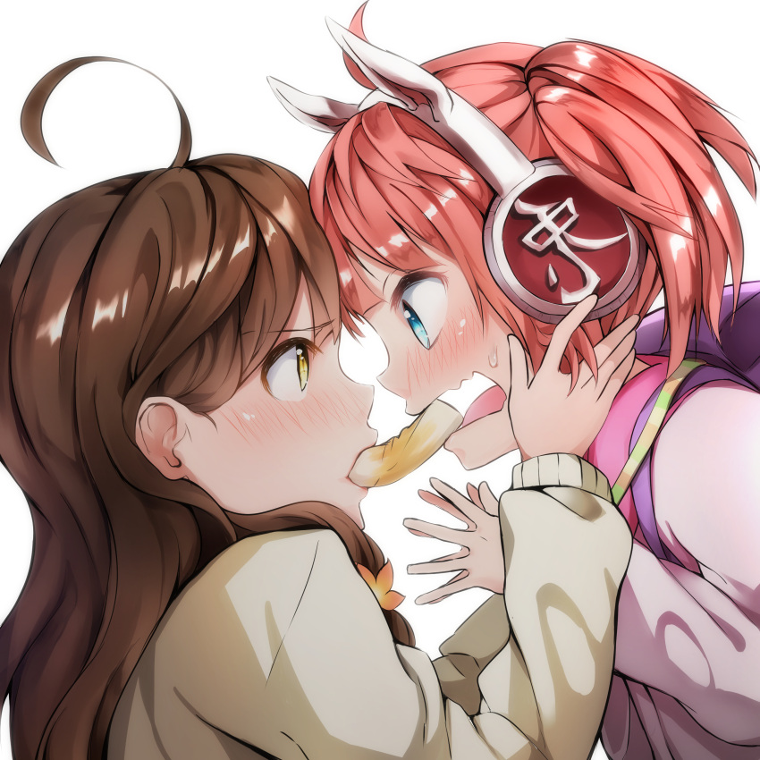 2girls absurdres ahoge blue_eyes blush brown_eyes brown_hair bunny_headphones chikuwa food hands_on_own_cheeks hands_on_own_face headphones highres hinabita long_hair looking_at_another meu_meu mouth_hold multiple_girls open_mouth pink_hair shared_food yamagata_marika yuuki_(nijiiro_palette)