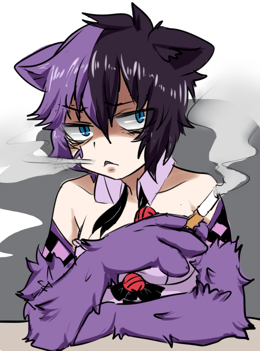 1girl :&lt; animal_ears argyle argyle_gloves artist_request bare_shoulders bell between_fingers black_hair blue_eyes bow bowtie bowtie_removed cat_ears cheshire_cat_(monster_girl_encyclopedia) cigarette collarbone crossed_arms detached_collar elbow_gloves gloves highres holding jitome looking_at_viewer messy_hair monster_girl monster_girl_encyclopedia multicolored_hair paws purple_hair short_hair simple_background sketch smoking solo two-tone_hair upper_body white_background