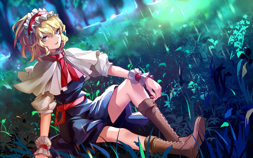 1girl alice_margatroid bangs blonde_hair blue_dress blue_eyes boots brown_boots capelet cravat cross-laced_footwear dress dutch_angle eredhen flower grass hair_between_eyes hairband lace-up_boots looking_at_viewer motion_blur nature on_grass on_ground open_mouth outdoors puffy_sleeves ribbon sash short_hair short_sleeves sitting smile solo touhou tree wallpaper wrist_cuffs