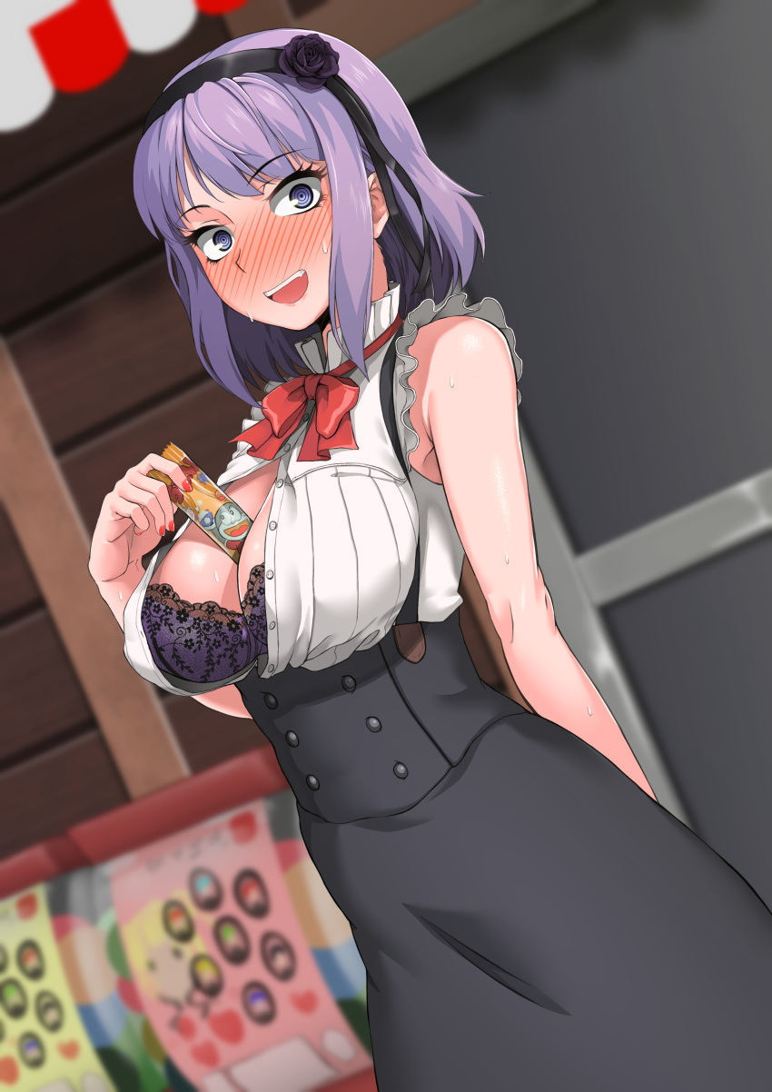 1girl :d @_@ absurdres between_breasts blush bra breasts cleavage dagashi_kashi double-breasted hairband highres looking_at_viewer nail_polish neck_ribbon open_clothes open_mouth oxxo_(dlengur) purple_bra purple_hair red_nails red_ribbon ribbon shidare_hotaru short_hair sleeveless smile solo sweatdrop teeth umaibou underwear violet_eyes