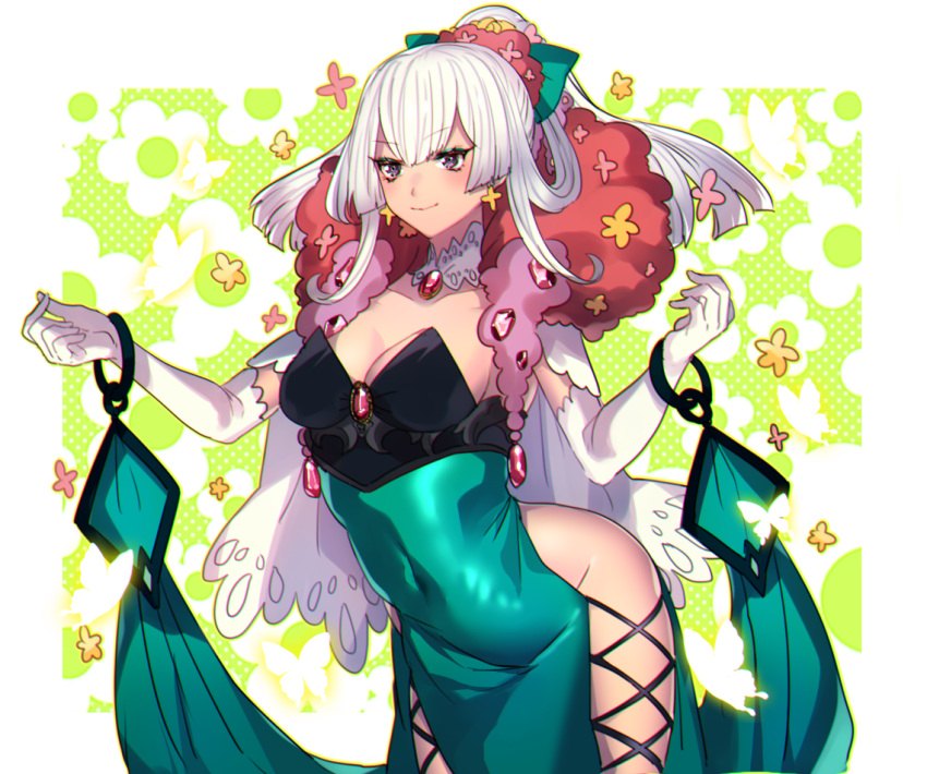 1girl black_eyes breasts brooch cleavage collar collarbone covered_navel dress earrings elbow_gloves floral_background florges gloves green_dress jewelry katagiri_hachigou long_hair no_panties personification pokemon ponytail solo white_gloves white_hair