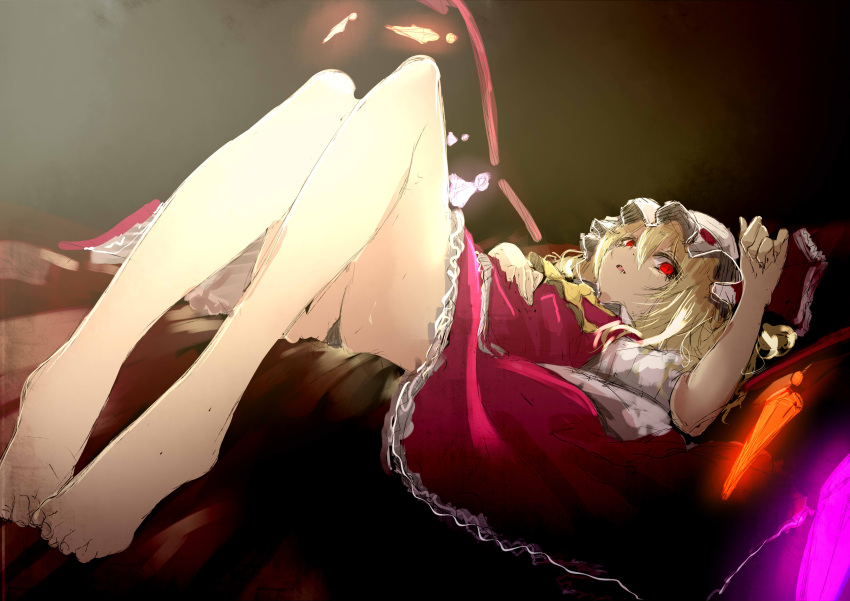 1girl :o absurdres artist_request ascot bare_legs barefoot black_panties blonde_hair brown_background crystal fang flandre_scarlet full_body gradient gradient_background hair_between_eyes hat highres knees_up legs_together long_skirt lying mob_cap on_back open_mouth panties pantyshot pantyshot_(lying) red_eyes red_skirt red_vest ribbon-trimmed_headwear ribbon_trim short_hair short_sleeves simple_background skirt solo thighs toes tooth touhou underwear vampire white_hat