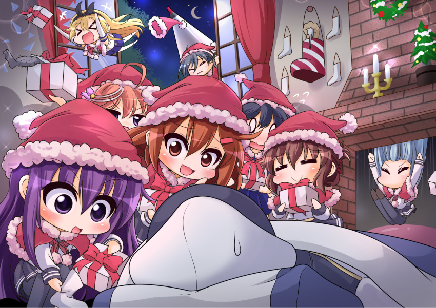 &gt;_&lt; 1boy 6+girls :3 :d admiral_(kantai_collection) ahoge akatsuki_(kantai_collection) black_hair black_legwear blonde_hair box brown_eyes brown_hair capelet chibi chimney christmas closed_eyes crescent_moon d.a fallen_down futon geoduck gift gift_box gloves hair_ornament hairband hairclip hat hibiki_(kantai_collection) highres i-58_(kantai_collection) ikazuchi_(kantai_collection) inazuma_(kantai_collection) kantai_collection kiyoshimo_(kantai_collection) long_hair military military_uniform moon multiple_girls naval_uniform night night_sky open_mouth orange_hair pantyhose peaked_lapels pleated_skirt purple_hair santa_hat school_uniform serafuku shimakaze_(kantai_collection) short_hair silver_hair skirt sky smile socks star_(sky) starry_sky sweat type_91_armor-piercing_shell uniform ushio_(kantai_collection) violet_eyes white_gloves xd