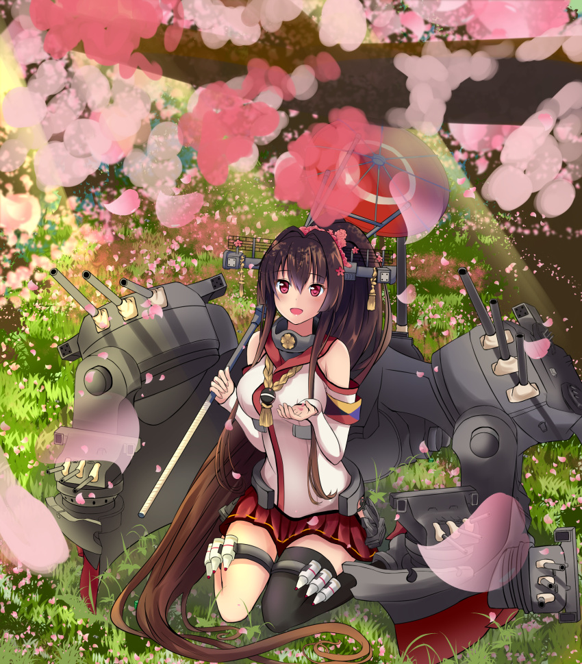 1girl absurdres amagami_(makise_tsubaki) ammunition anchor armband bare_shoulders black_legwear breasts brown_hair bullet cannon cherry_blossoms chrysanthemum collar detached_sleeves flower hair_between_eyes hair_flower hair_ornament headgear highres kantai_collection large_breasts leg_garter long_hair machinery miniskirt open_mouth oriental_umbrella outdoors petals pointy_hair ponytail red_eyes red_skirt single_thighhigh sitting skirt solo tassel thigh-highs turret umbrella very_long_hair wariza yamato_(kantai_collection)