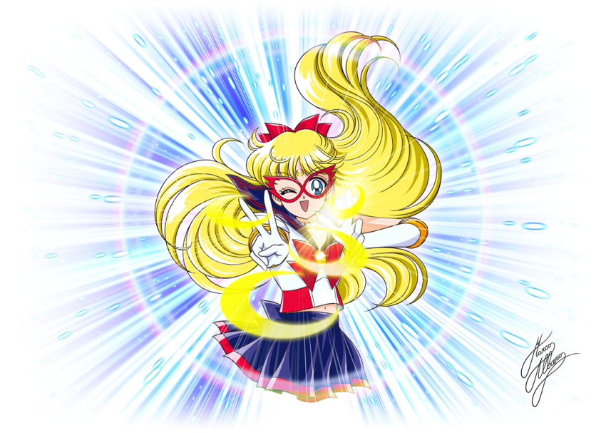 1girl aino_minako bishoujo_senshi_sailor_moon blonde_hair blue_background blue_eyes blue_skirt bow cowboy_shot crescent elbow_gloves facial_mark forehead_mark gloves hair_bow half_updo long_hair looking_at_viewer magic magical_girl marco_albiero mask navel one_eye_closed pleated_skirt red_bow sailor_collar sailor_v signature skirt smile solo v white_gloves