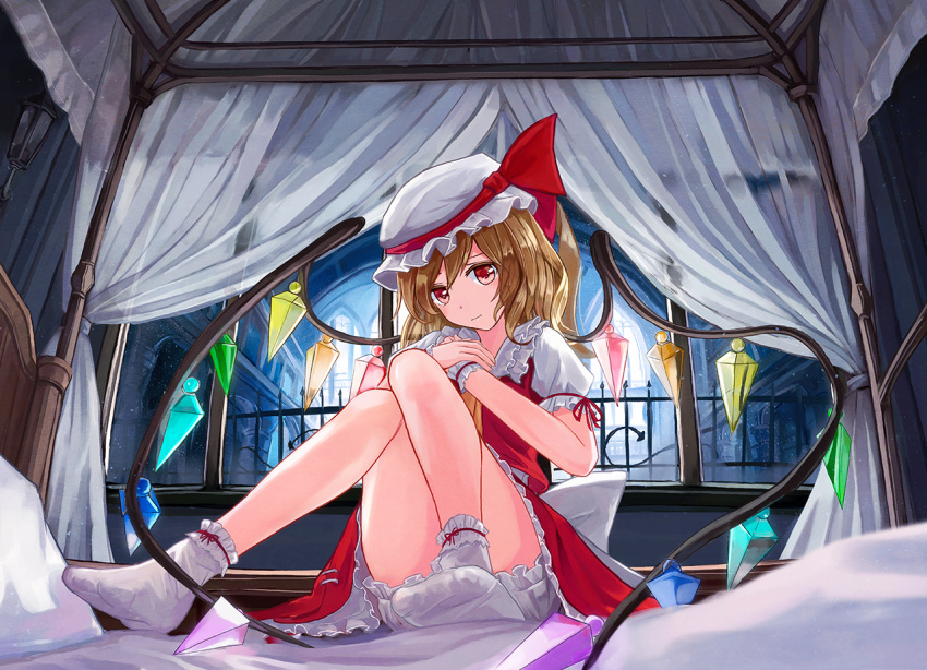 1girl :| arch ascot bangs bare_legs bed bed_sheet blanket blonde_hair bloomers blush canopy_bed closed_mouth collar convenient_censoring crystal curtains demon_wings dress fence flandre_scarlet frilled_collar frills full_body hands_on_own_chest hat hat_ribbon head_tilt indoors knees_together_feet_apart knees_up light_rays looking_at_viewer mansion mob_cap muireko no_shoes on_bed pillow puffy_short_sleeves puffy_sleeves red_dress red_eyes red_ribbon revision ribbon scarlet_devil_mansion see-through short_sleeves socks solo thighs touhou underwear white_hat white_legwear window wings wrist_cuffs