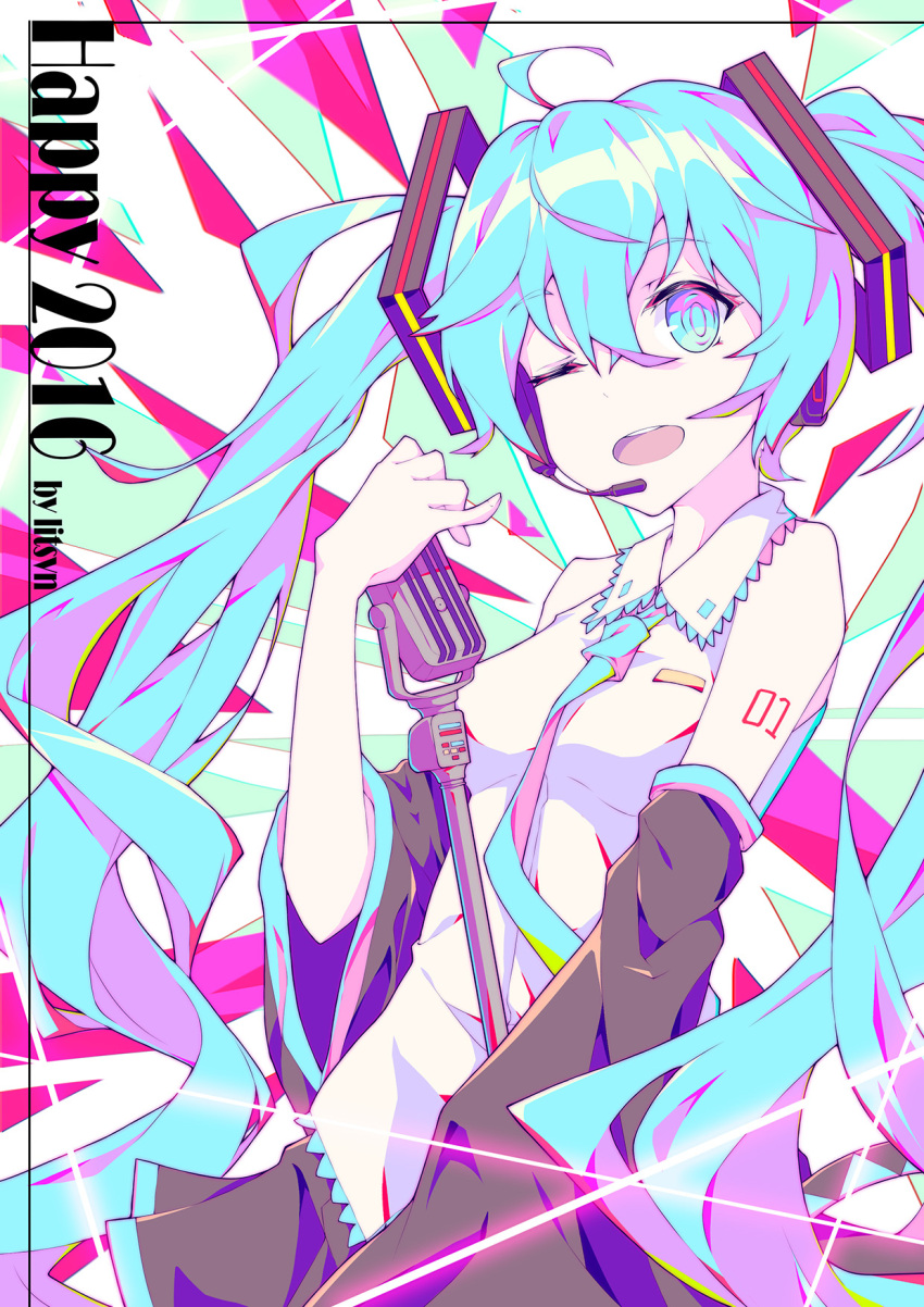 1girl aqua_eyes aqua_hair artist_name breasts commentary detached_sleeves happy_new_year hatsune_miku headphones headset highres holding_microphone litsvn long_hair microphone microphone_stand necktie new_year number one_eye_closed open_mouth round_teeth skirt sleeveless solo teeth twintails very_long_hair vintage_microphone vocaloid wide_sleeves