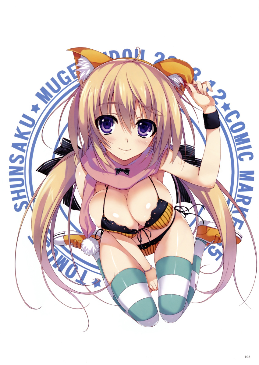 1girl absurdres animal_ears artist_name bikini blonde_hair blush breasts cat_ears cleavage front-tie_top highres large_breasts long_hair looking_at_viewer orange_bikini scarf shoes side-tie_bikini sitting smile solo striped striped_legwear swimsuit thigh-highs tomose_shunsaku twintails violet_eyes wariza wristband