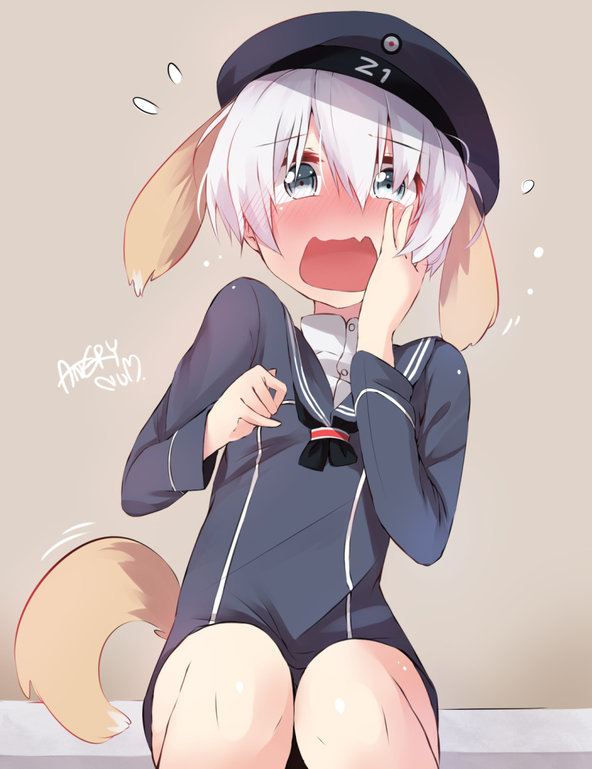 1girl angry_num animal_ears artist_name blue_eyes blush clothes_writing dog_ears dog_tail dress flying_sweatdrops full-face_blush hand_on_own_face hat highres kantai_collection looking_at_viewer no_nose open_mouth sailor_dress sailor_hat short_hair silver_hair sitting solo tail wavy_mouth z1_leberecht_maass_(kantai_collection)