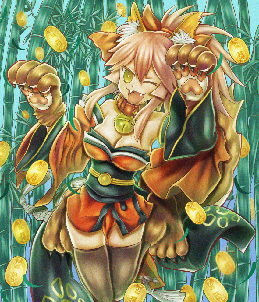 1girl absurdres animal_ears bamboo bamboo_forest bare_shoulders bell bell_collar bow breasts caster_(fate/extra) cleavage collar detached_sleeves fangs fate/grand_order fate/stay_night fate_(series) forest fox_ears fox_tail hair_bow hair_ribbon highres japanese_clothes large_breasts long_hair looking_at_viewer nature one_eye_closed open_mouth pink_hair ribbon solo tail tamamo_cat_(fate/grand_order) thigh-highs yellow_eyes
