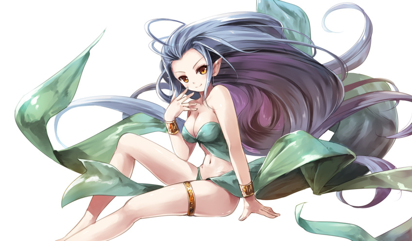 &gt;:) 1girl bare_arms bare_legs bare_shoulders blush bracer breasts collarbone floating_hair granblue_fantasy hand_on_own_face large_breasts lavender_hair long_hair miyase_mahiro navel orange_eyes pointy_ears simple_background sitting smile solo strapless thigh_strap tiamat_(granblue_fantasy) very_long_hair white_background