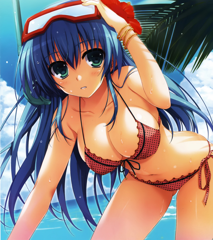 1girl :o absurdres arm_up ass_visible_through_thighs bare_shoulders bent_over bikini black_ribbon blue_sky blush bracelet breasts collarbone flower front-tie_bikini front-tie_top green_eyes hair_between_eyes hanging_breasts hibiscus highres horizon jewelry leaf long_hair looking_at_viewer midriff navel ocean outdoors palm_tree parted_lips plant polka_dot polka_dot_bikini red_bikini ribbon shiny shiny_skin sky snorkel solo standing stomach sunlight swimsuit teeth tomose_shunsaku tree very_long_hair water water_drop wet_hair