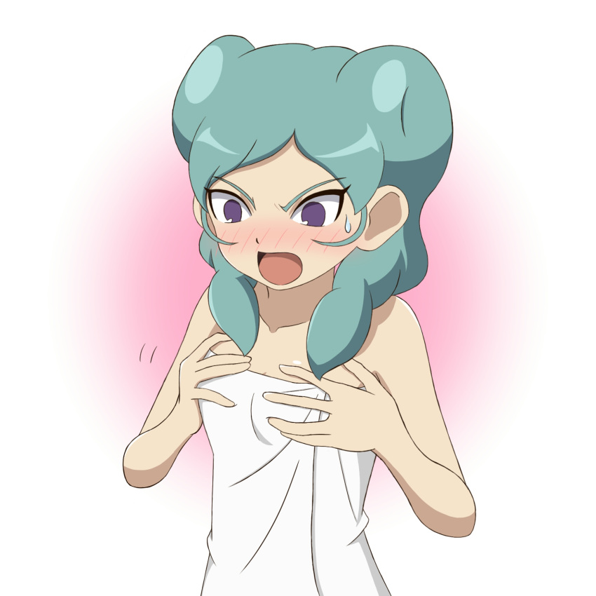 1girl aqua_hair beta_(inazuma_eleven) blush breasts flat_color hands_on_own_chest highres inazuma_eleven_(series) inazuma_eleven_go inazuma_eleven_go_chrono_stone long_hair naked_towel no_pupils open_mouth solo sweatdrop to-ya_musium towel upper_body violet_eyes