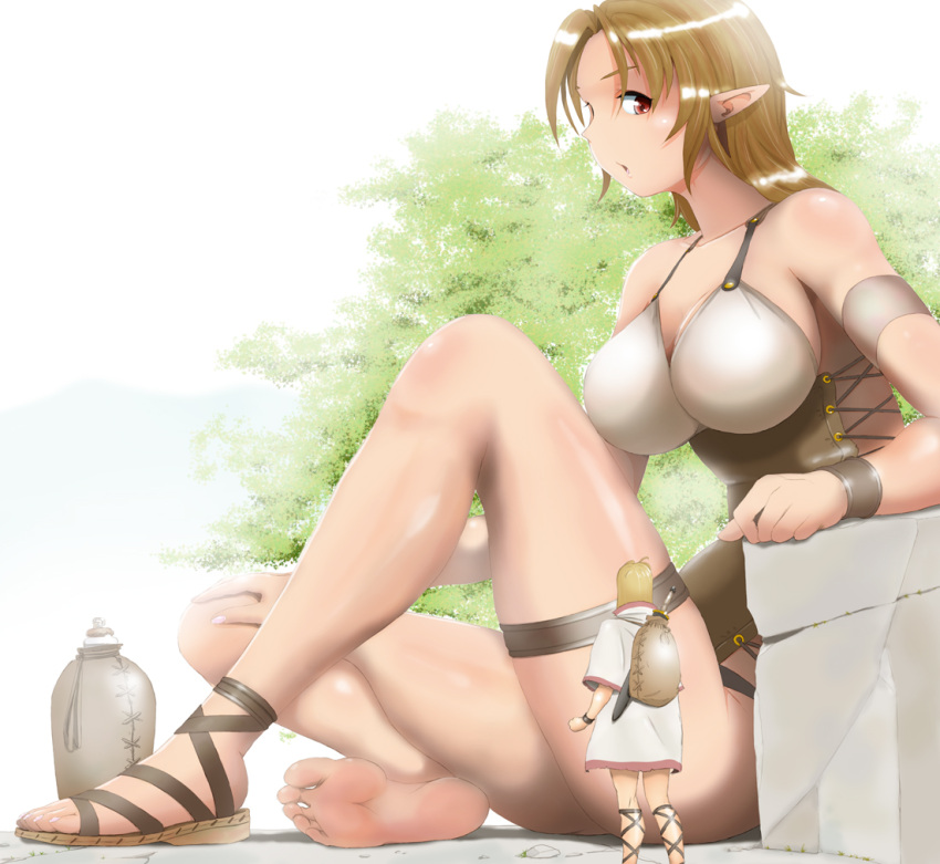 1girl ankle_lace-up bare_shoulders barefoot breasts brown_hair cross-laced_footwear elf feet giantess legs long_hair looking_down looking_to_the_side original panah pointy_ears red_eyes sandals sheath sheathed single_sock sitting size_difference socks soles solo_focus sword toes weapon wristband