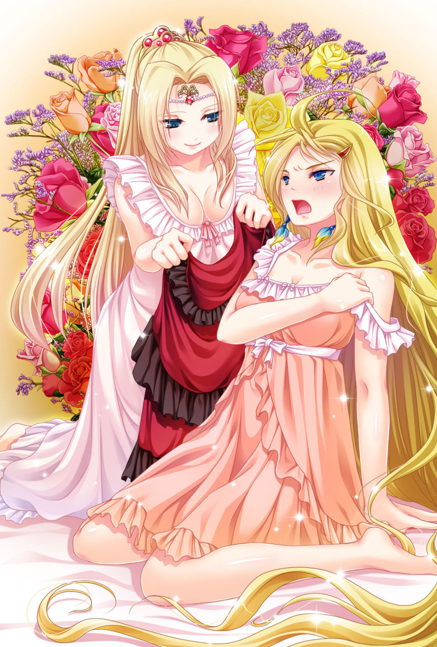 2girls :o ahoge bangs barbariccia blonde_hair blue_eyes breasts circlet cleavage final_fantasy final_fantasy_iv floral_background flower frills full_body highres lingerie long_hair looking_at_another multiple_girls nise_(nisej) orange_rose parted_bangs pink_rose ponytail red_rose rosa_farrell rose sitting smile underwear wariza yellow_rose