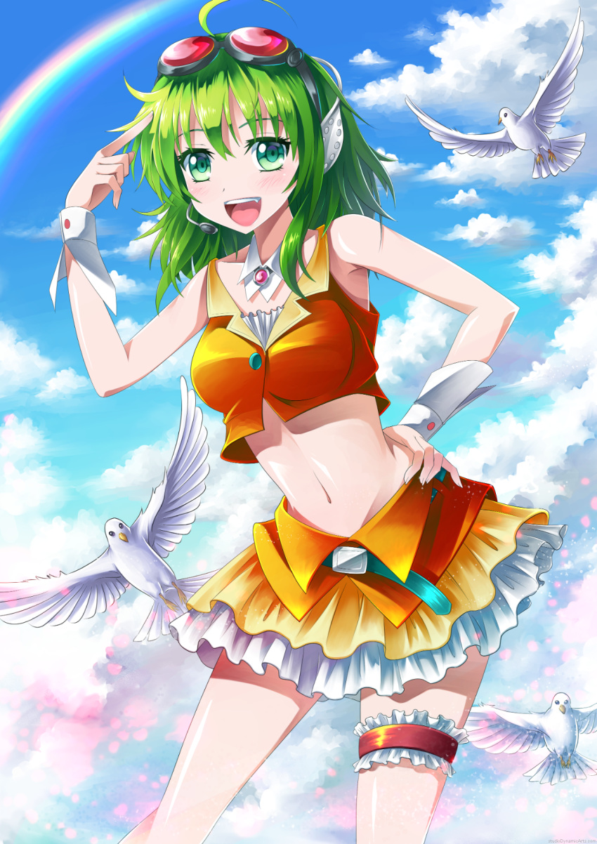 1girl :d ahoge animal armpits bare_shoulders beak belt bird blue_sky brooch buckle clouds contrapposto detached_collar finger_to_head frills gem goggles goggles_on_head green_eyes green_hair gumi hand_on_hip hand_up headphones headset highres jewelry layered_skirt midriff myungsoo_lim navel open_mouth orange_skirt orange_vest outdoors outstretched_wings rainbow shiny shiny_skin short_hair skirt sky sleeveless smile solo standing stomach talons teeth thigh_strap tsurime vest vocaloid white_feathers wings wrist_cuffs