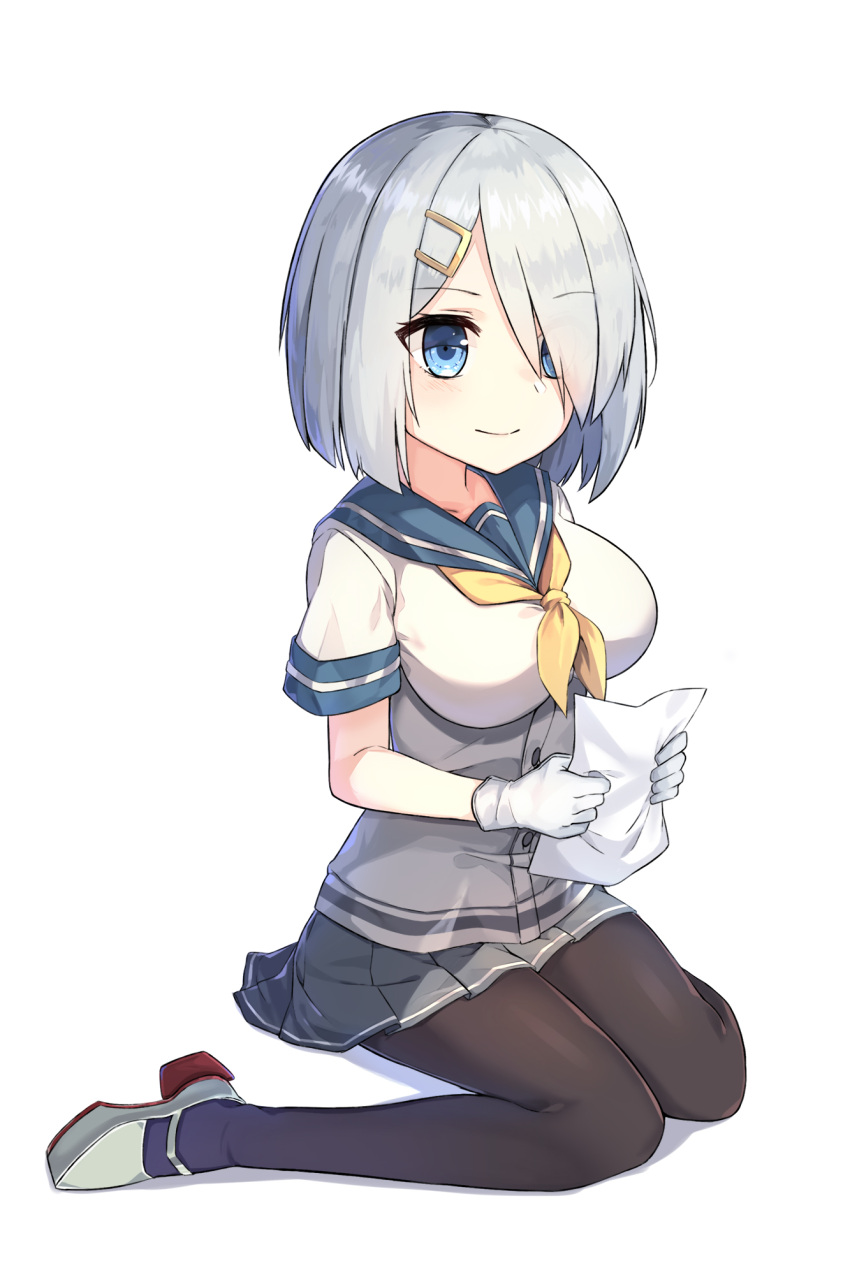 blue_eyes ginon_(sjyh3466) gloves hair_ornament hair_over_one_eye hairclip hamakaze_(kantai_collection) highres kantai_collection paper school_uniform serafuku short_hair silver_hair smile