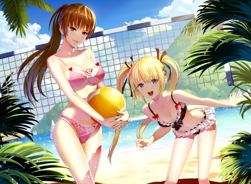 2girls ball bare_shoulders beach bikini blonde_hair blue_eyes blue_sky blush breasts brown_eyes brown_hair cleavage clouds dead_or_alive frilled_bikini frills hair_ornament hair_ribbon highres kasumi_(doa) leaning_forward long_hair looking_at_viewer marie_rose multiple_girls navel ocean open_mouth outdoors palm_tree pink_bikini ponytail ribbon sand sky small_breasts smile swimsuit tree twintails vmax-ver volleyball volleyball_net water