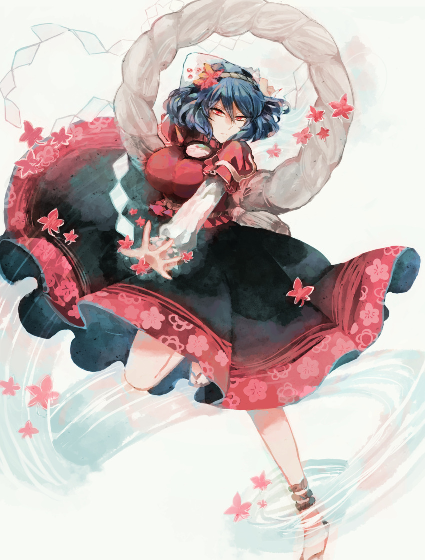 1girl autumn_leaves black_skirt blue_hair breasts bura expressionless floral_print hand_behind_head hand_up highres large_breasts layered_clothing leaf legs long_skirt long_sleeves looking_at_viewer maple_leaf mirror open_hand red_eyes red_shirt rope sandals shimenawa shirt short_hair short_sleeves skirt solo toes touhou visible_air white_shirt wind yasaka_kanako
