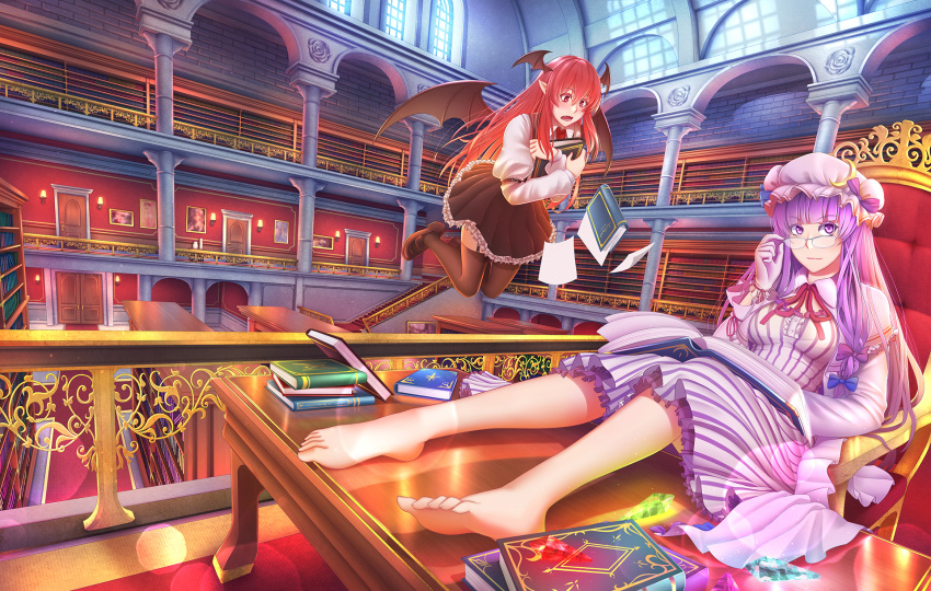 2girls bangs barefoot bespectacled black_legwear black_skirt black_vest blue_ribbon blunt_bangs book book_stack capelet closed_mouth crescent_hair_ornament demon_wings door dress feet flying frilled_skirt frills garter_straps glasses gloves hair_ornament hair_ribbon hat head_wings highres holding holding_book indoors koakuma library long_hair long_sleeves looking_at_viewer mob_cap mochi_(chain_csn) multiple_girls open_mouth painting_(object) pantyhose patchouli_knowledge pointy_ears portrait_(object) puffy_long_sleeves puffy_sleeves purple_hair purple_ribbon red_carpet red_eyes redhead ribbon shirt sitting skirt skirt_set striped striped_dress table touhou tress_ribbon vertical_stripes vest violet_eyes white_gloves white_shirt window wings