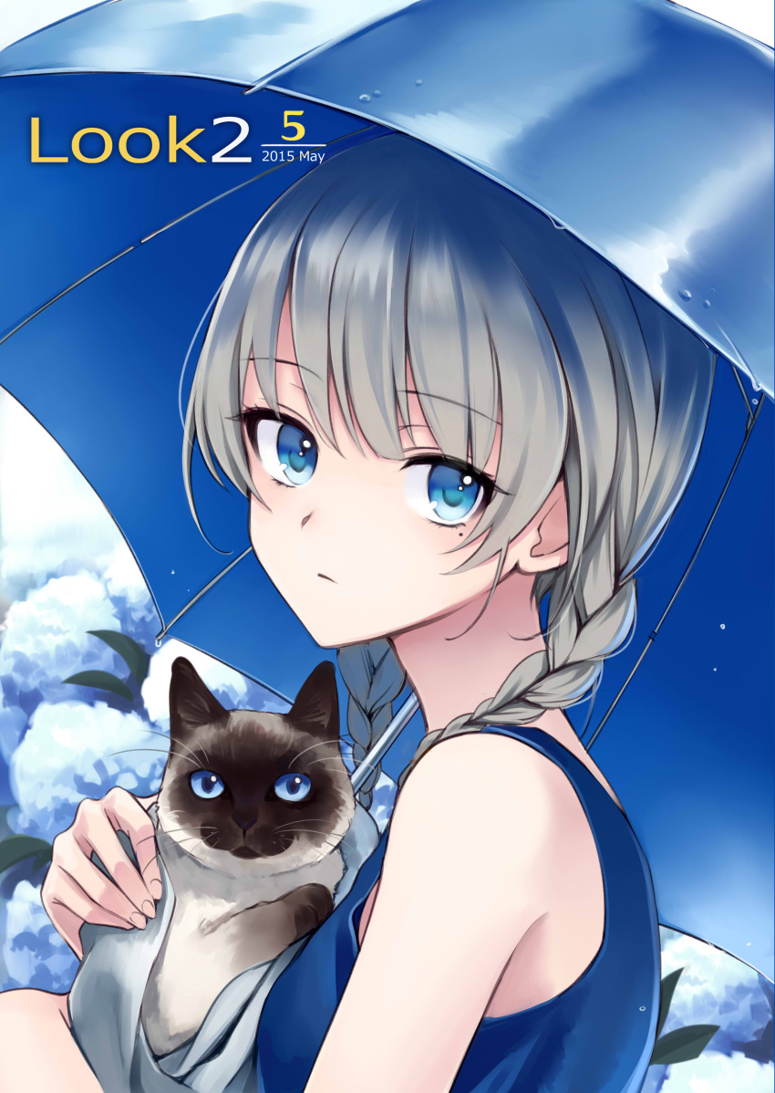 1girl absurdres blue_eyes braid cat highres looking_at_viewer original solo takeuchi_aya umbrella