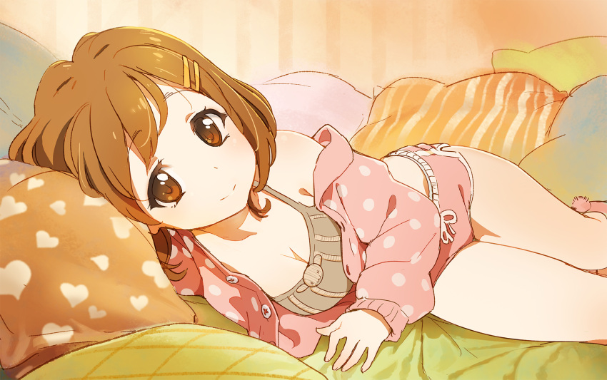 1girl breasts brown_eyes brown_hair camisole cleavage hair_ornament hairclip highres hirasawa_yui k-on! looking_at_viewer lying off_shoulder on_side open_clothes open_shirt pajamas polka_dot shirt short_hair short_shorts shorts smile solo tim_loechner