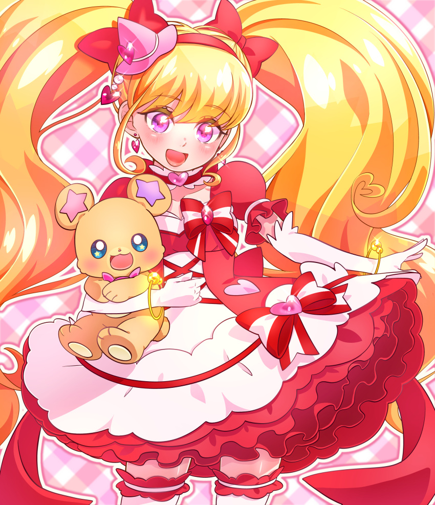 1girl :d asahina_mirai bear blush bow choker cowboy_shot creature cure_miracle earrings elbow_gloves frills gloves hair_bow hat heart heart_earrings highres jewelry long_hair looking_at_viewer magical_girl mahou_girls_precure! mini_hat mini_witch_hat mofurun_(mahou_girls_precure!) open_mouth pink_background pink_eyes pink_hair pink_hat plaid plaid_background precure red_bow ruby_style skirt smile striped striped_bow thigh-highs twintails white_gloves white_legwear witch_hat yupiteru