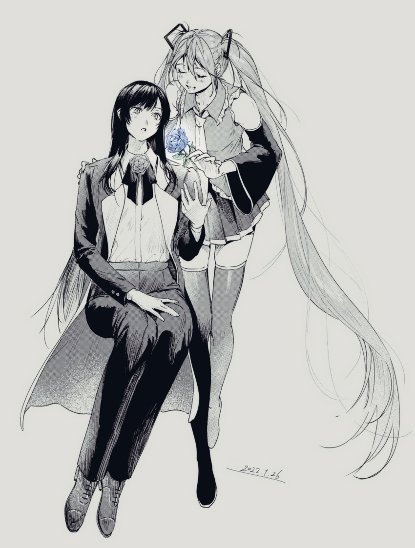 2girls absurdly_long_hair ado_(utaite) blue_flower blue_rose blush bow bowtie chando_(ado) closed_eyes cloud_nine_inc coat collared_shirt daisukisan dated_commentary detached_sleeves dress_shirt flower frilled_shirt frills gloves greyscale hand_on_another's_shoulder hatsune_miku highres invisible_chair long_hair mole mole_under_eye monochrome multiple_girls necktie open_mouth pants pleated_skirt rose shirt simple_background sitting skirt spot_color thigh-highs twintails utaite very_long_hair voiceroid wide_sleeves zettai_ryouiki