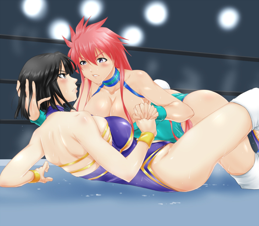 2girls black_hair blush boots breasts cleavage grey_eyes hand_on_another's_head leotard long_hair lying_on_person mighty_yukiko minami_toshimi multiple_girls pink_hair short_hair smile sweat tomjpn wrestle_angels wrestle_angels_survivor wrestling_outfit wrestling_ring yuri