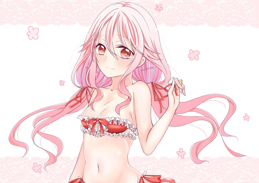 1girl bare_shoulders bikini blush breasts guilty_crown hair_ornament hairclip heart heart-shaped_pupils highres looking_at_viewer midriff navel pink_hair red_eyes sarina_(tosiyukiryousuke) smile solo swimsuit symbol-shaped_pupils twintails yuzuriha_inori