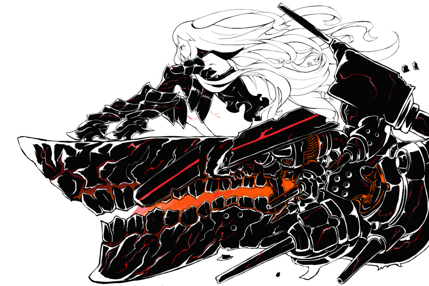 1girl aircraft_carrier_oni armor armored_boots artist_request boots cannon choker gauntlets high_heels highres kantai_collection knee_to_chest knee_up long_hair machinery monochrome red_eyes shinkaisei-kan side_ponytail sitting thigh-highs veins very_long_hair wavy_hair white_eyelashes