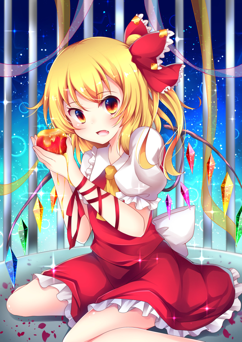 1girl apple ascot bangs blonde_hair blush bow cage dress eyebrows fang flandre_scarlet food frilled_dress frills fruit hair_bow highres holding holding_fruit honey looking_at_viewer open_mouth puffy_short_sleeves puffy_sleeves red_bow red_dress red_eyes red_ribbon ribbon short_sleeves side_ponytail sisterakuma sitting solo sparkle touhou wariza wings