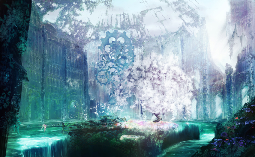 1girl bench clockwork fantasy flower gears highres moss original popopo5656 ruins scenery solo tagme tree wading water waterfall white_hair