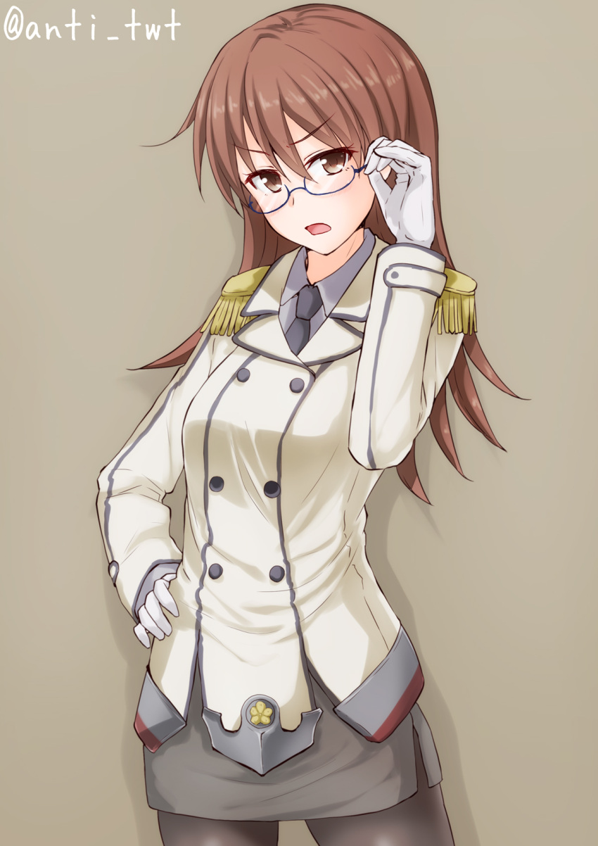 &gt;:d 1girl :d adjusting_glasses anti_(untea9) artist_name beige_background black_necktie black_skirt blue-framed_glasses brown_eyes brown_hair brown_legwear buttons character_request collared_shirt cowboy_shot epaulettes eyebrows eyebrows_visible_through_hair glasses gloves grey-shirt hand_on_hip hand_up highres kantai_collection long_hair long_sleeves looking_at_viewer military open_mouth pantyhose pencil_skirt semi-rimless_glasses shirt side_slit simple_background skirt smile solo standing tsurime under-rim_glasses white_gloves