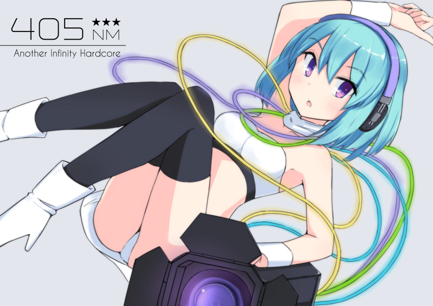 1girl arm_up black_legwear blue_hair character_request copyright_request headphones highres parted_lips seedflare solo tagme thigh-highs violet_eyes