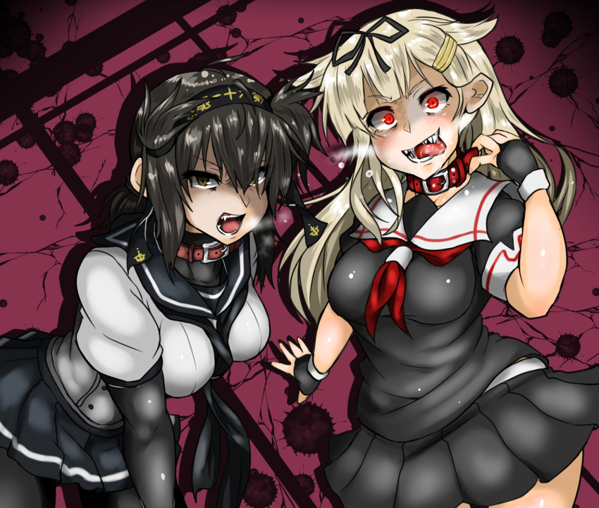 2girls black_skirt breasts collar fangs glowing glowing_eyes highres kantai_collection large_breasts multiple_girls red_eyes sharp_teeth skirt teeth