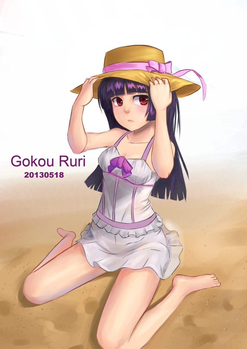 1girl 2013 absurdres adjusting_clothes adjusting_hat alternate_eye_color bangs barefoot black_hair blunt_bangs blush bow breasts character_name cleavage dated dress feet gokou_ruri gradient gradient_background hands_on_headwear hat hat_ribbon highres hime_cut legs lips long_hair no_shoes nose ore_no_imouto_ga_konna_ni_kawaii_wake_ga_nai purple_bow red_eyes ribbon sand sitting solo toes wariza white_background yi_l_chen_5