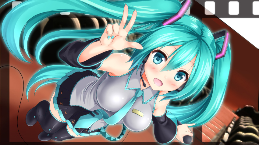 1girl aqua_eyes aqua_hair blush boots detached_sleeves from_above full_body hatsune_miku headset highres kyamu_(qqea92z9n) long_hair looking_at_viewer microphone nail_polish necktie open_mouth pinky_out skirt solo thigh-highs thigh_boots twintails v very_long_hair vocaloid