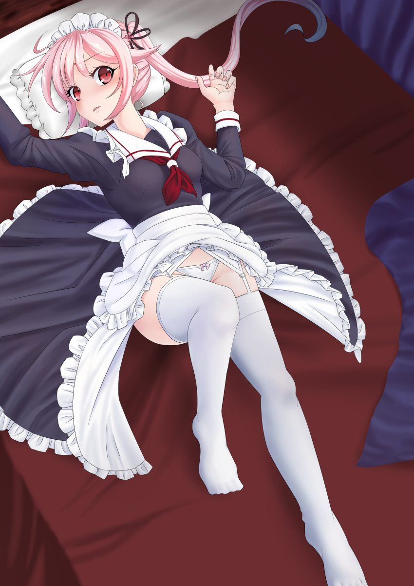 1girl absurdres adapted_costume alternate_costume apron bed black_dress dress enmaided hair_ribbon harusame_(kantai_collection) highres kantai_collection koyohi_choro long_hair lying maid maid_headdress open_mouth panties pink_hair red_eyes ribbon side_ponytail solo thigh-highs underwear waist_apron white_legwear white_panties