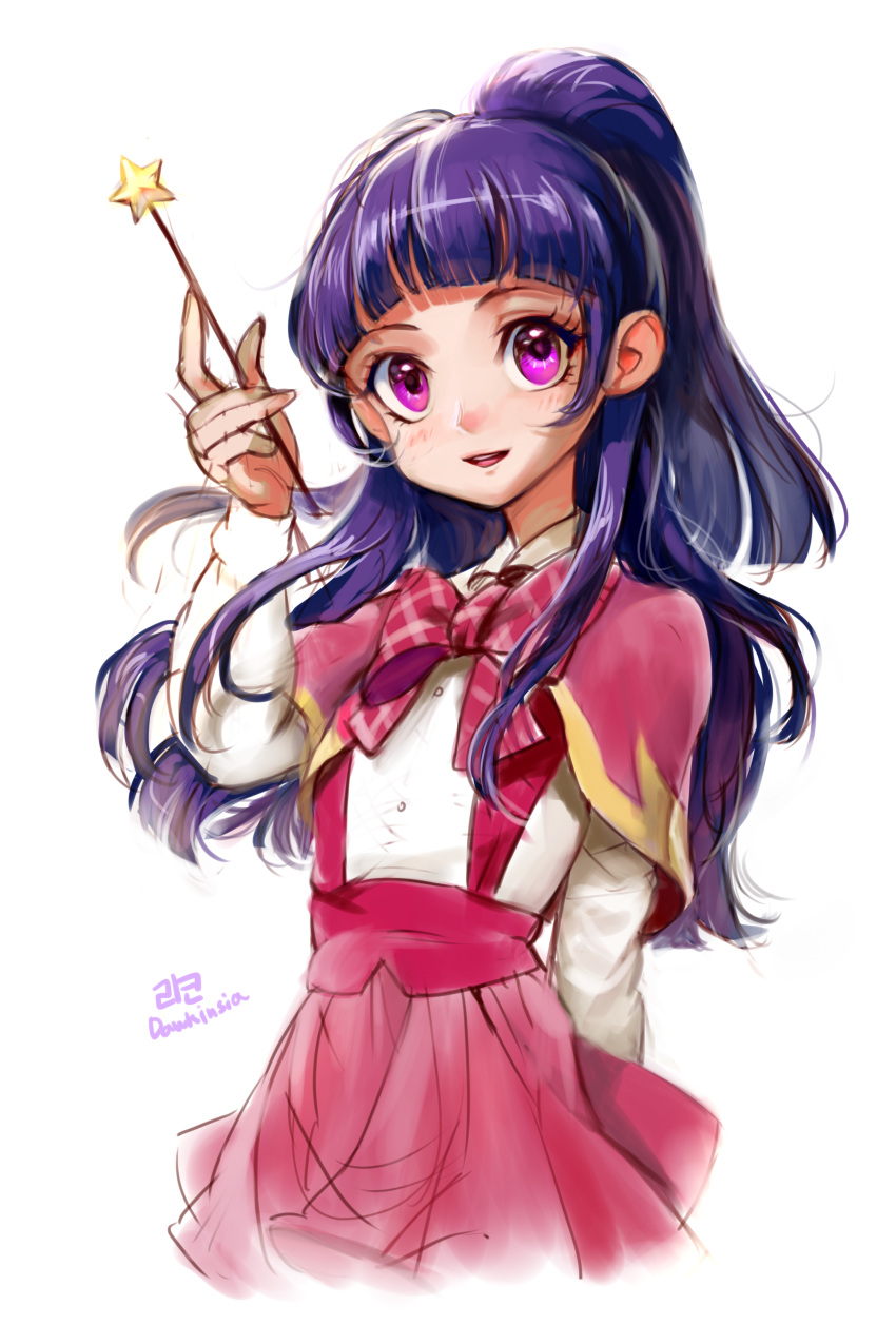 1girl absurdres bow cowboy_shot dawkinsia half_updo highres izayoi_liko long_hair looking_at_viewer mahou_girls_precure! pink_bow pink_skirt plaid plaid_bow precure purple_hair shirt signature skirt smile solo violet_eyes wand white_background white_shirt
