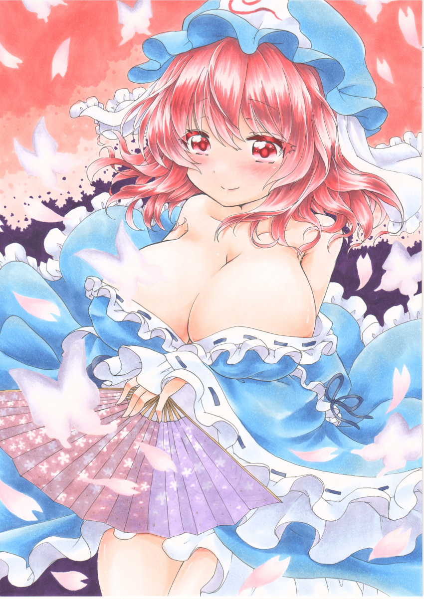 absurdres bangs bare_shoulders blush breasts butterfly cherry_blossoms cleavage collarbone eyebrows eyebrows_visible_through_hair fan hat highres japanese_clothes kimono large_breasts long_sleeves mob_cap pink_eyes pink_hair saigyouji_yuyuko smile touhou traditional_media triangular_headpiece wide_sleeves yuuki_chima