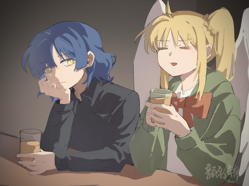 2girls ahoge black_shirt blonde_hair blue_hair bocchi_the_rock! bow bowtie bright_pupils chinese_commentary closed_eyes collared_shirt commentary_request cup gradient_background green_jacket grey_background highres holding holding_cup ijichi_nijika indoors jacket long_sleeves multiple_girls red_bow red_bowtie shirt short_hair side_ponytail tongue tongue_out upper_body white_pupils white_shirt yamada_ryo yanlingjinshilihuahua yellow_eyes