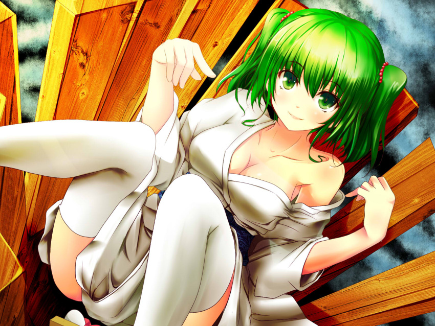 1girl breasts bucket cleavage collarbone fukunaga_kazuhiro green_eyes green_hair highres in_bucket in_container japanese_clothes kimono kisume large_breasts looking_at_viewer obi off_shoulder older sash scrunchie smile solo thigh-highs thighs touhou twintails white_legwear wooden_bucket yukata