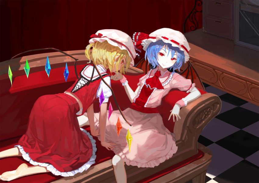 2girls all_fours back bangs barefoot bat_wings blonde_hair blue_hair bow checkered checkered_floor closed_mouth couch cross-laced_clothes crystal curtains drawer flandre_scarlet frilled_sleeves frills furniture glass hat hat_bow hat_ribbon highres indoors lamase_(41) leaning_back looking_at_viewer mob_cap multiple_girls one_side_up pale_skin puffy_short_sleeves puffy_sleeves red_bow red_eyes red_ribbon red_skirt red_vest remilia_scarlet ribbon sash scarlet_devil_mansion shade shirt short_hair short_sleeves siblings sisters sitting skirt skirt_set smile touhou white_shirt wings wrist_cuffs