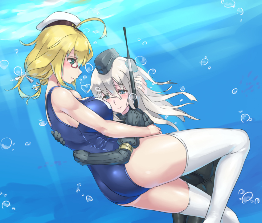2girls ass blonde_hair blue_eyes breast_press breast_smother breasts bubble cropped_jacket evuoaniramu garrison_cap glasses hat heart hug i-8_(kantai_collection) kantai_collection large_breasts long_hair low_twintails military military_uniform multiple_girls puffy_sleeves revision school_swimsuit smile sunlight swimsuit thigh-highs twintails u-511_(kantai_collection) underwater uniform white_legwear