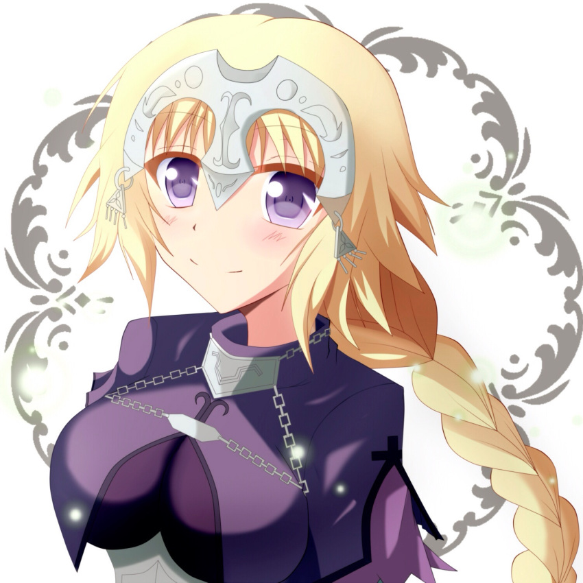 1girl alternate_color armor armored_dress blonde_hair braid breasts capelet fate/apocrypha fate/grand_order fate/stay_night fate_(series) headpiece highres jeanne_d'arc kanzaki_satoki large_breasts long_hair ruler_(fate/apocrypha) single_braid smile solo violet_eyes