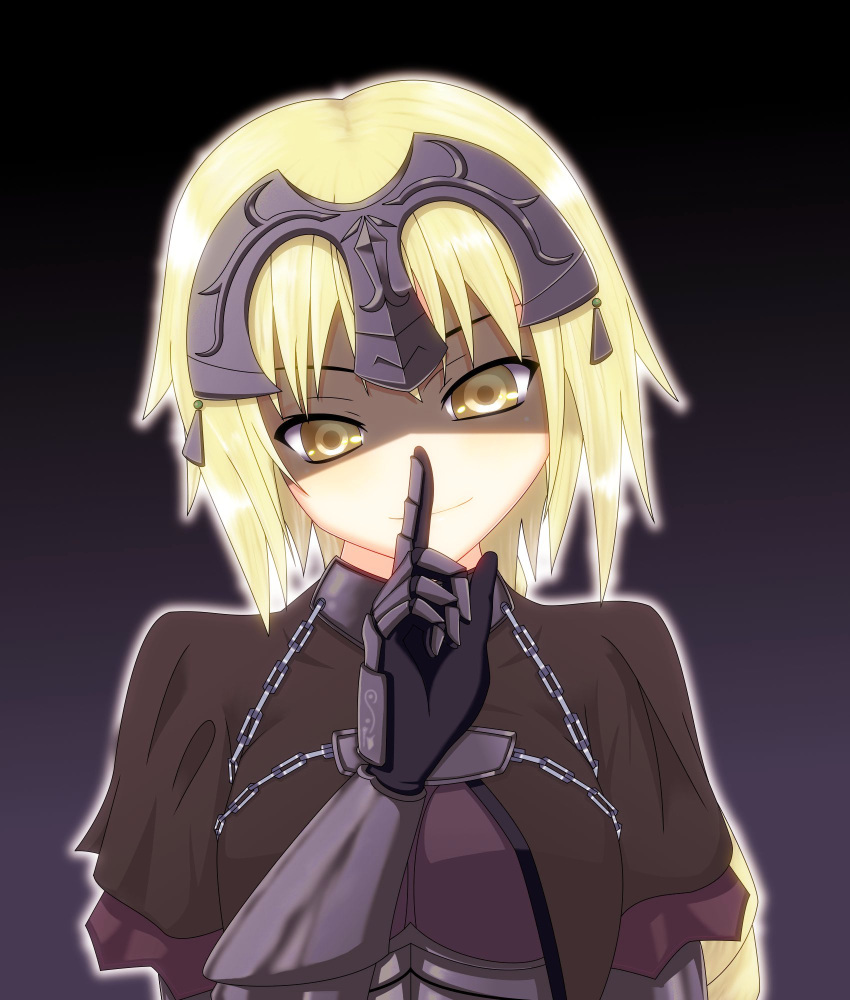 1girl armor armored_dress blonde_hair braid breasts capelet dark_persona empty_eyes fate/apocrypha fate/grand_order fate/stay_night fate_(series) gauntlets gradient gradient_background headpiece highres jeanne_alter large_breasts long_hair ruler_(fate/apocrypha) ruler_(fate/grand_order) shaded_face single_braid smile solo yellow_eyes