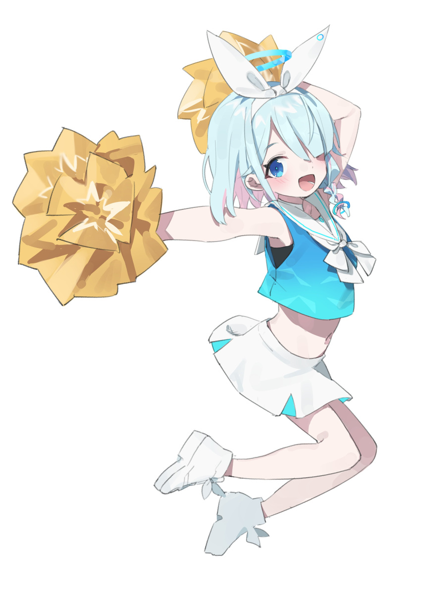 1girl absurdres arm_up armpits arona_(blue_archive) bangs blue_archive blue_eyes blue_hair blue_shirt blush braid cheerleader choker cottone_(highjethoo) crop_top hair_over_one_eye hairband halo highres holding holding_pom_poms looking_at_viewer midriff miniskirt multicolored_hair open_mouth pink_hair pom_pom_(cheerleading) sailor_collar shirt shoes short_hair skirt sleeveless smile sneakers solo two-tone_hair white_choker white_hairband white_sailor_collar white_skirt