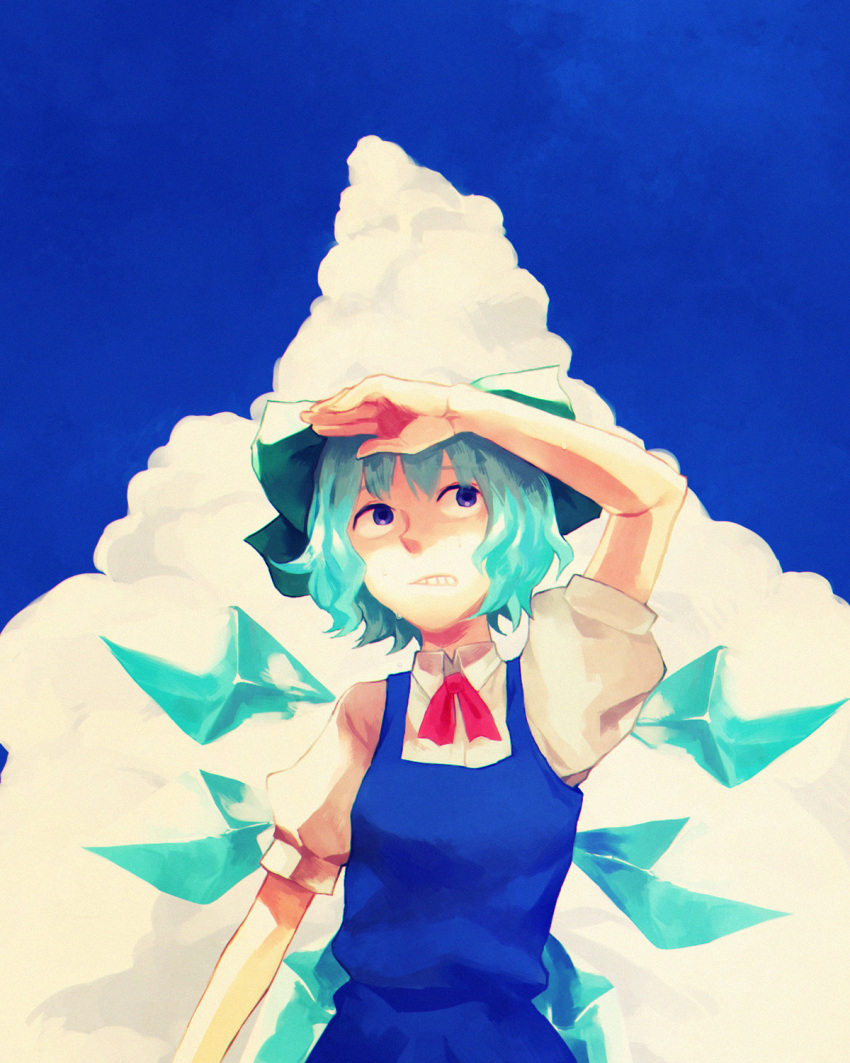 1girl arm_up blue_dress blue_eyes blue_hair blue_sky cirno clenched_teeth clouds dress hair_ribbon hand_on_forehead highres huyukai_higeta ice ice_wings looking_up puffy_sleeves ribbon short_hair short_sleeves sky solo sweat teeth touhou upper_body wings