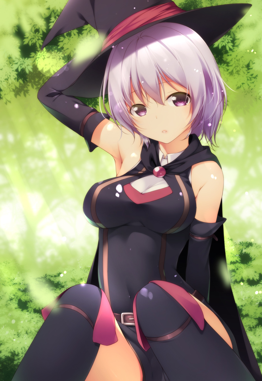 1girl arm_up armpits bent_knees boots breasts cape detached_sleeves hai_to_gensou_no_grimgar hat highres knee_boots looking_at_viewer nature outdoors parted_lips purple_hair shihoru_(grimgar) shokuyou_mogura short_hair skin_tight skindentation solo violet_eyes witch_hat